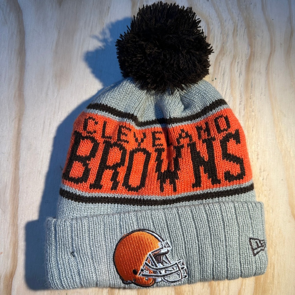 New Era Cleveland Browns NFL Knit Pom Beanie Hat Gray Orange Fleece Lined OSFM